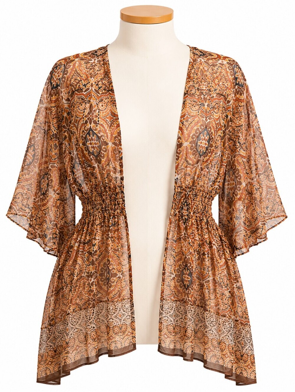 Cato Brown Medallion Print Chiffon Smocked Waist Kimono Cardigan Sz L Boho